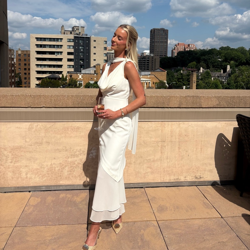 Elegant White Midi Dress with Draped Neckline
